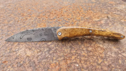 Couteau de collection Toltek en damas Œil d'Odin et son manche en loupe de myrthe Ardèchoise