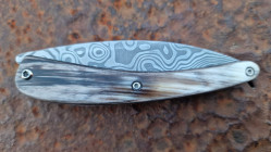 Couteau pliant Toltek lame damas Œil d'Odin et son manche en croûte de zébu de chez Mercorne