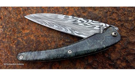Couteau Toltek collection damas plume et son manche en racine de buis stabilisée et teintée vert