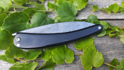 Couteau pliant fermé: son manche en corne de buffle noir contraste à la perfection avec sa lame en damas 900 couches.